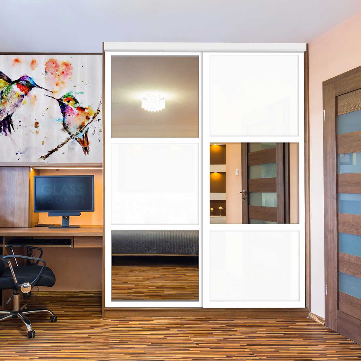 Puerta De Armario Con Vidrio Pintado Blanco Y Espejo Insertado 2 Paneles BMSC-1179